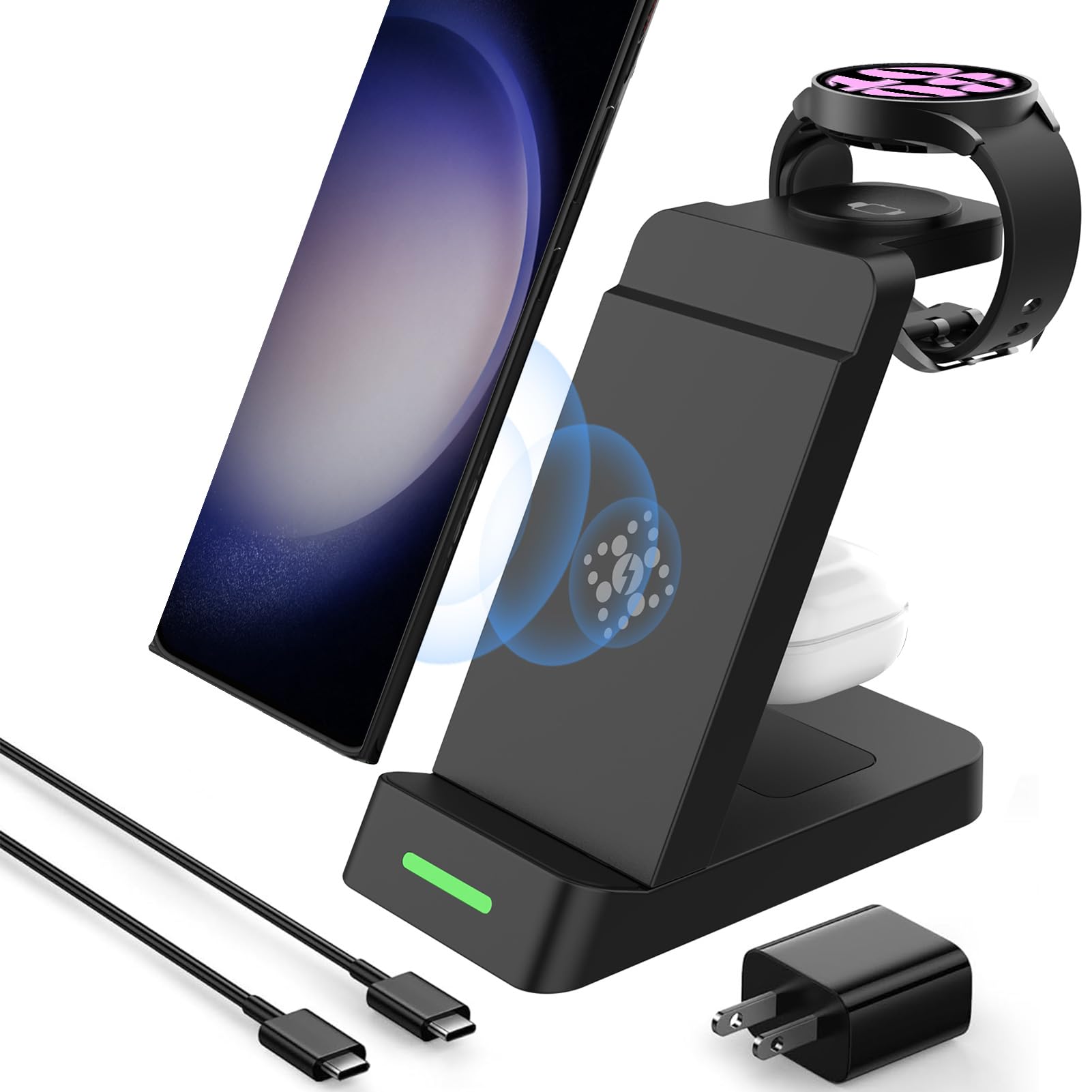 Wireless Charging Station for Samsung Watch and Phone,3 in 1 Wireless Charger Stand for Galaxy Watch 5 Pro/5/4 Active 2 Galaxy S23/Ultra/S23+/S22/Note 20/ Z Flip 4/3 Fold 4/3 Galaxy Buds2/Pro(Black)