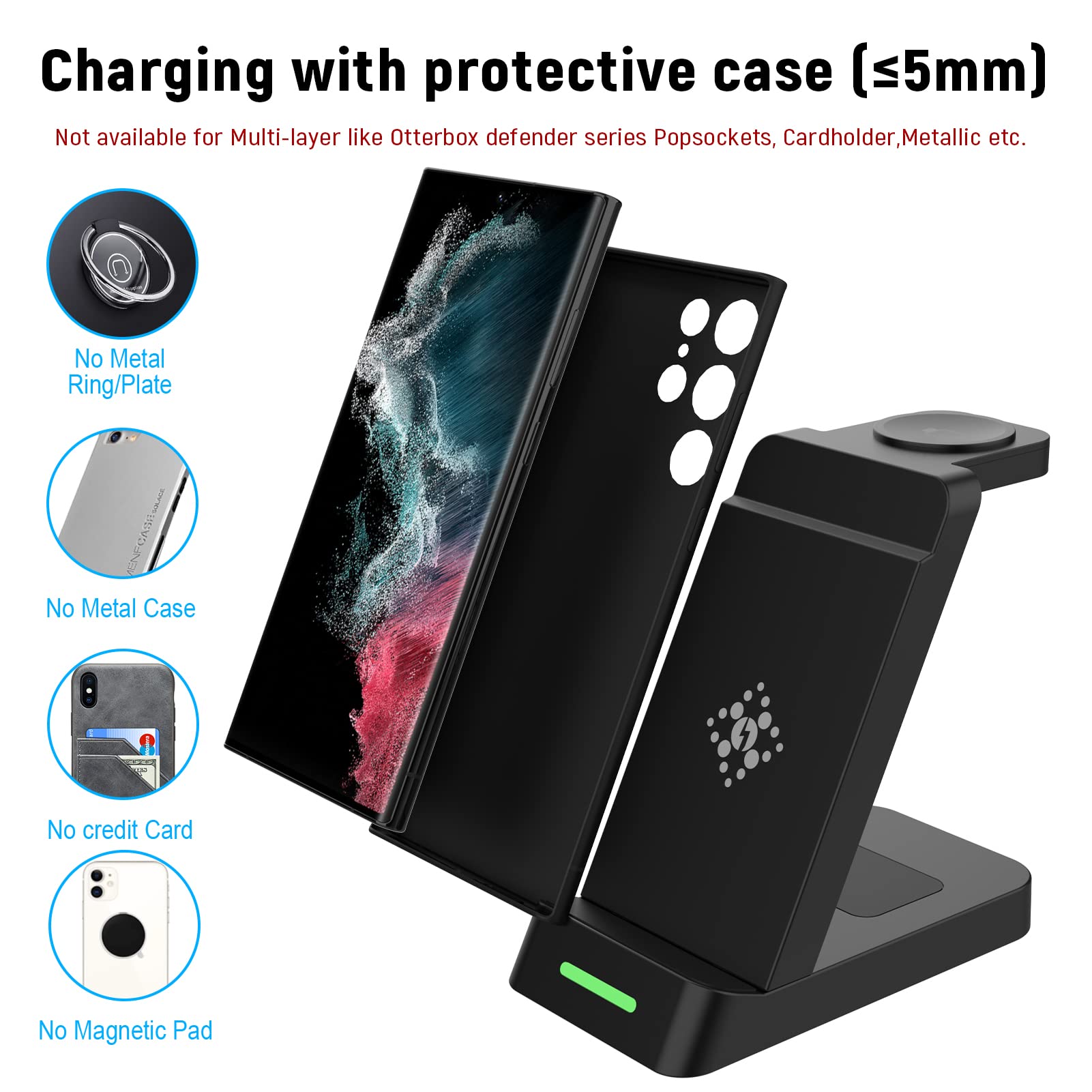 Wireless Charging Station for Samsung Watch and Phone,3 in 1 Wireless Charger Stand for Galaxy Watch 5 Pro/5/4 Active 2 Galaxy S23/Ultra/S23+/S22/Note 20/ Z Flip 4/3 Fold 4/3 Galaxy Buds2/Pro(Black)