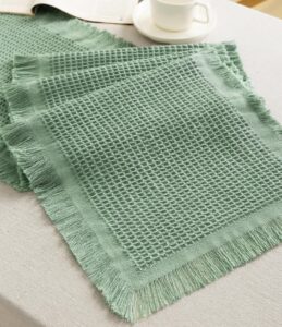 vitalizart dusty green table runner 14"x36" waffle weave boho rustic fringe cotton farmhouse table cloth for home decor coffee table bedroom kitchen dining bridal wedding baby shower decoration
