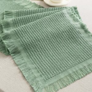 Vitalizart Dusty Green Table Runner 14"x36" Waffle Weave Boho Rustic Fringe Cotton Farmhouse Table Cloth for Home Decor Coffee Table Bedroom Kitchen Dining Bridal Wedding Baby Shower Decoration