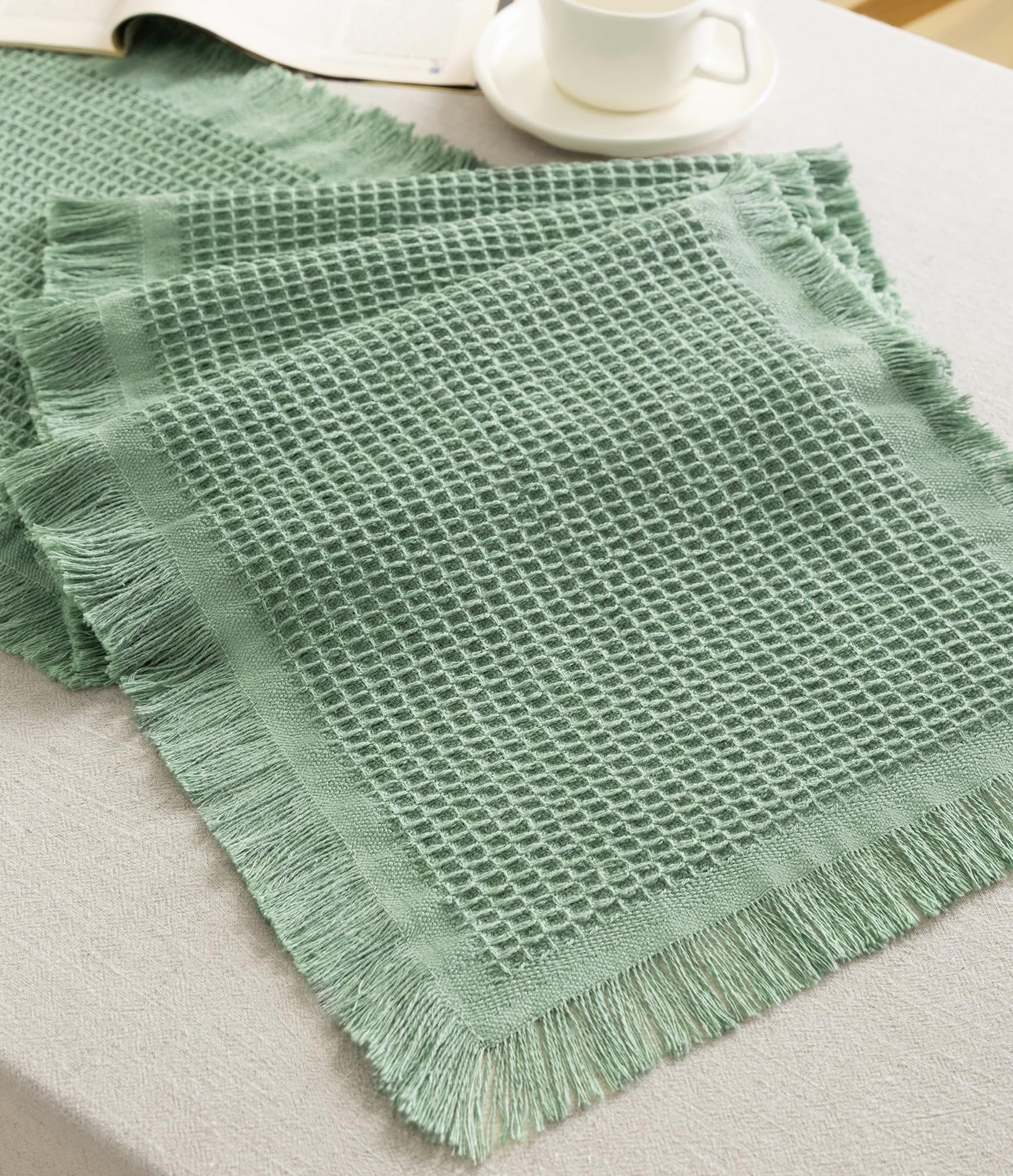 Vitalizart Dusty Green Table Runner 14"x36" Waffle Weave Boho Rustic Fringe Cotton Farmhouse Table Cloth for Home Decor Coffee Table Bedroom Kitchen Dining Bridal Wedding Baby Shower Decoration