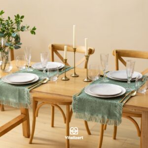 Vitalizart Dusty Green Table Runner 14"x36" Waffle Weave Boho Rustic Fringe Cotton Farmhouse Table Cloth for Home Decor Coffee Table Bedroom Kitchen Dining Bridal Wedding Baby Shower Decoration