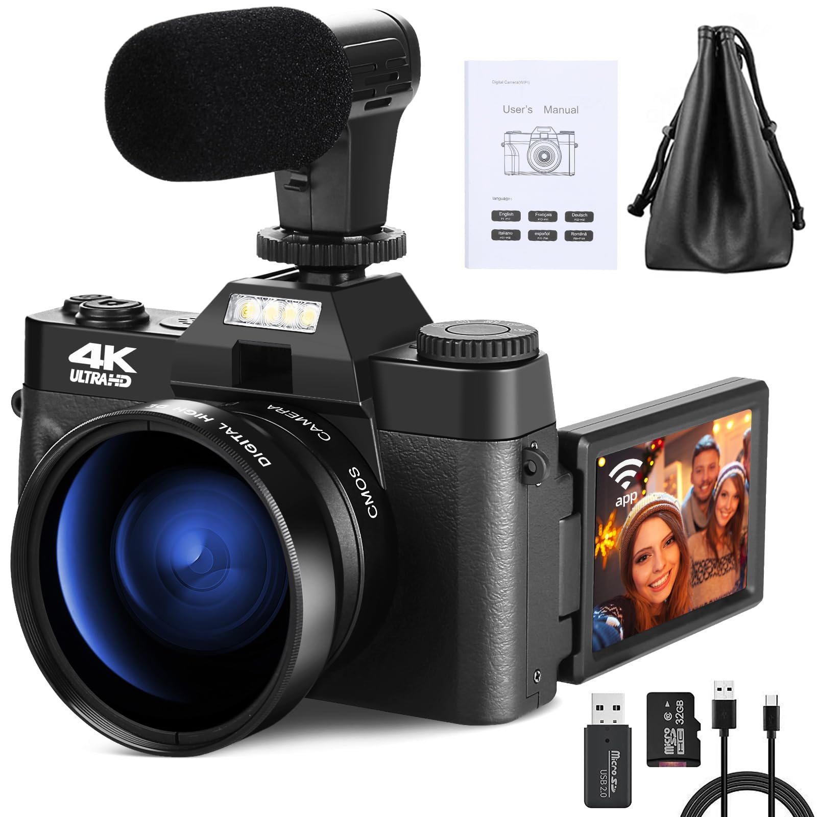 Monitech Compact Digital Camera, 4K Vlogging Camera with Wide-Angle & Macro Lens, Camera for Photography with External Mic, 32GB TF Card