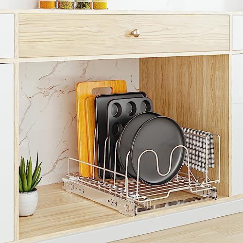 FANHAO Slide Out Cutting Board, Bakeware, and Tray Organizer, Wire Pull Out Kitchen Cabinet Organizer for Pots, Pans, and Lid Cookware, 13.5 inch wide x 17.7 inch deep – Chrome