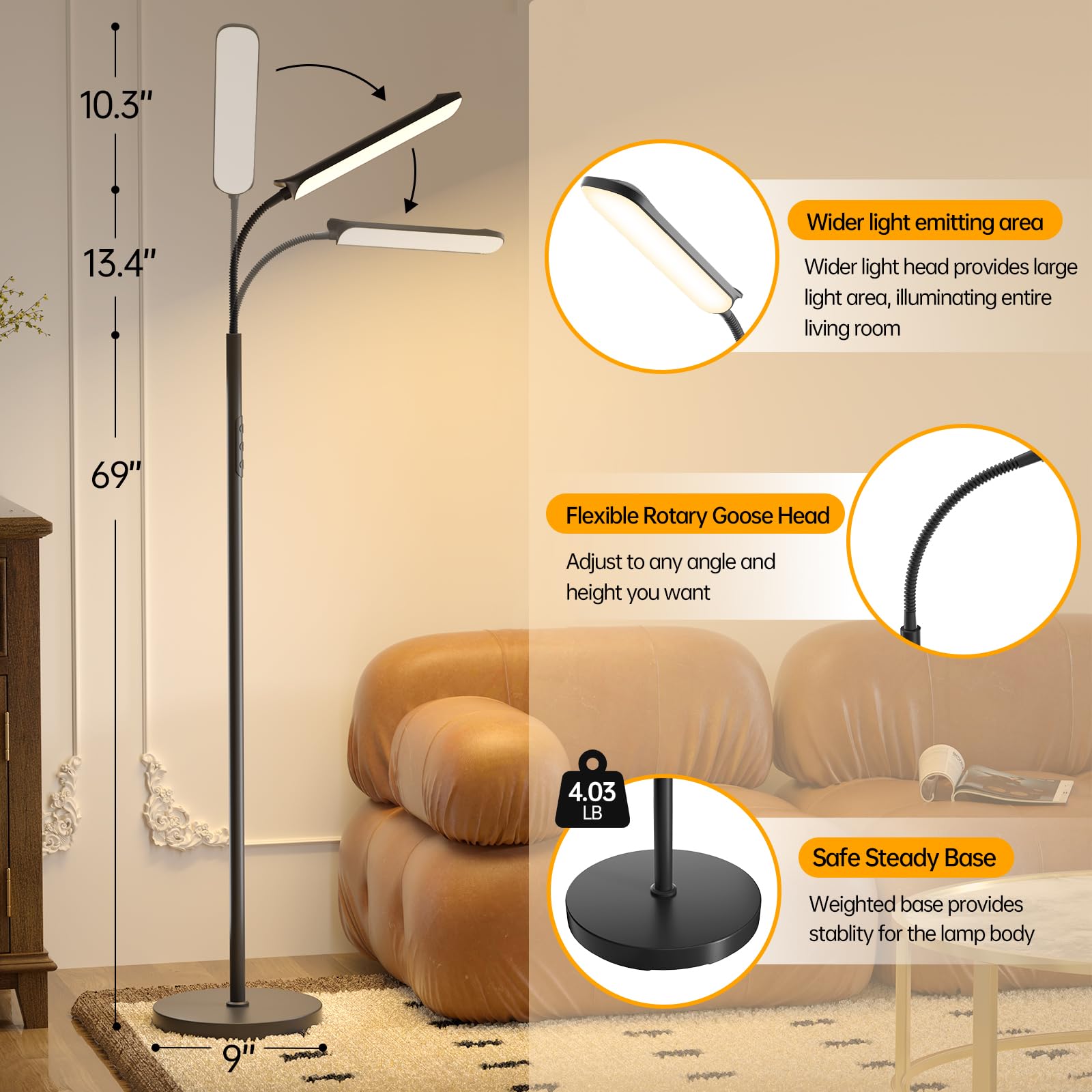 LED Floor Lamp, 18W Super Bright Floor Lamp for Living Room, Adjustable Stepless Colors & Brightness Gooseneck Standing Lamp, Eye Caring Reading Light with Remote& Touch Control for Bedroom Office