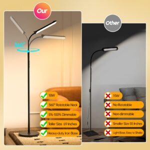LED Floor Lamp, 18W Super Bright Floor Lamp for Living Room, Adjustable Stepless Colors & Brightness Gooseneck Standing Lamp, Eye Caring Reading Light with Remote& Touch Control for Bedroom Office