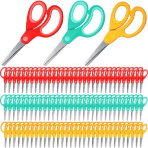 lanties 96 pcs kids scissors bulk student stainless steel scissors safety blunt tip scissors for craft school home classrooms supplies (red, green, yellow)