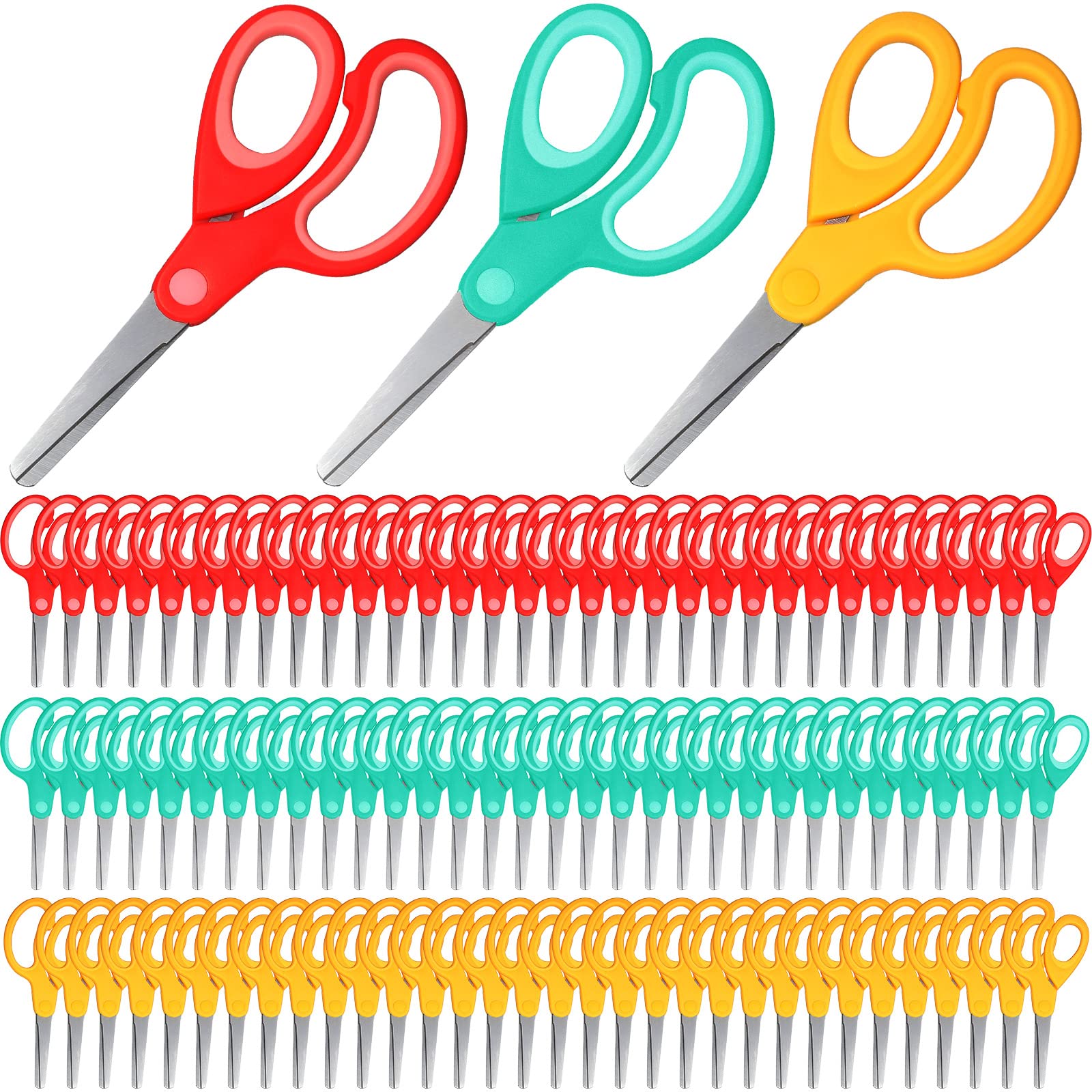 Lanties 96 Pcs Kids Scissors Bulk Student Stainless Steel Scissors Safety Blunt Tip Scissors for Craft School Home Classrooms Supplies (Red, Green, Yellow)