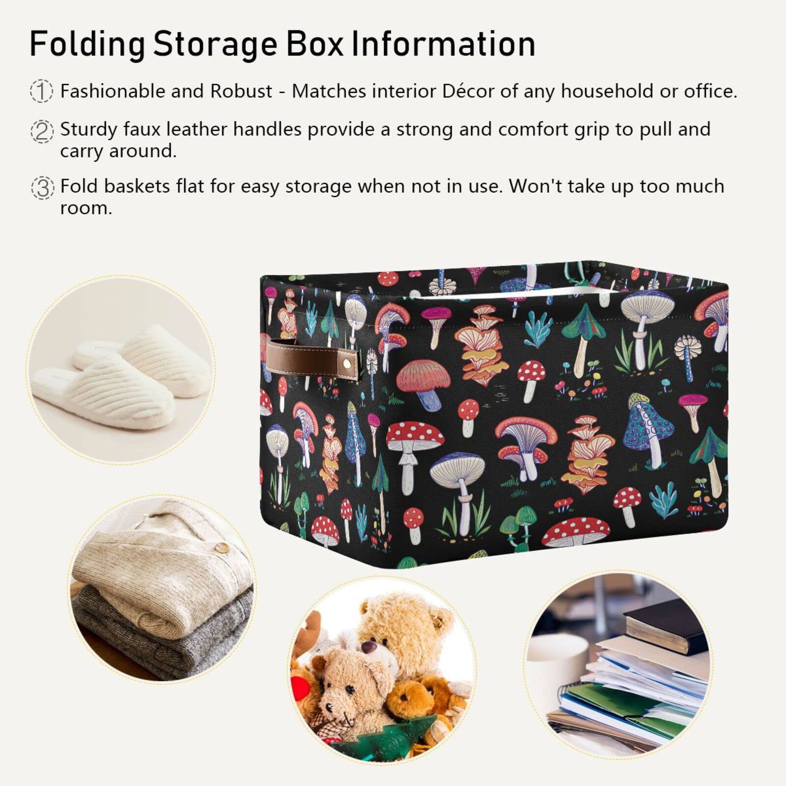 DEHOZO Storage Basket Bins, Colorful Mushrooms Pattern Collapsible Storage Cubes Organizer with Handles, Closet Shelves Clothes Storage Box Toys Organizer for Bedroom Living Room, 2pcs