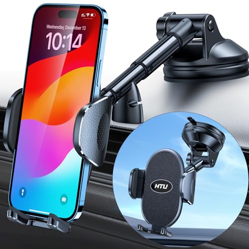 【Military-Grade Stable Suction】 Cell Phone Holder for Car,【Flexible Telescopic Arm】 360° Rotatable Stand Dashboard Windshield Cellphone Mount for iPhone 15 14 13 12 Samsung Smartphone Truck, Black