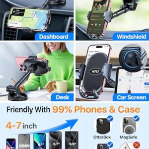 【Military-Grade Stable Suction】 Cell Phone Holder for Car,【Flexible Telescopic Arm】 360° Rotatable Stand Dashboard Windshield Cellphone Mount for iPhone 15 14 13 12 Samsung Smartphone Truck, Black