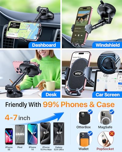 【Military-Grade Stable Suction】 Cell Phone Holder for Car,【Flexible Telescopic Arm】 360° Rotatable Stand Dashboard Windshield Cellphone Mount for iPhone 15 14 13 12 Samsung Smartphone Truck, Black