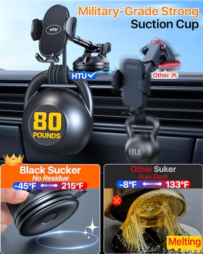 【Military-Grade Stable Suction】 Cell Phone Holder for Car,【Flexible Telescopic Arm】 360° Rotatable Stand Dashboard Windshield Cellphone Mount for iPhone 15 14 13 12 Samsung Smartphone Truck, Black