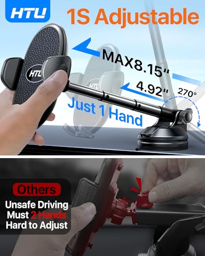 【Military-Grade Stable Suction】 Cell Phone Holder for Car,【Flexible Telescopic Arm】 360° Rotatable Stand Dashboard Windshield Cellphone Mount for iPhone 15 14 13 12 Samsung Smartphone Truck, Black