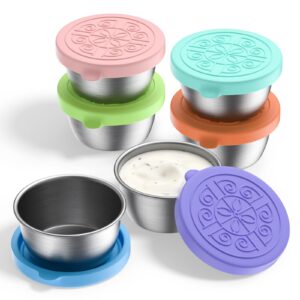 6 pack salad dressing container to go, 1.7oz/50ml reusable small condiment containers with lids, leakproof silicone lids stainless steel sauce cups containers for lunch box, picnic and travel