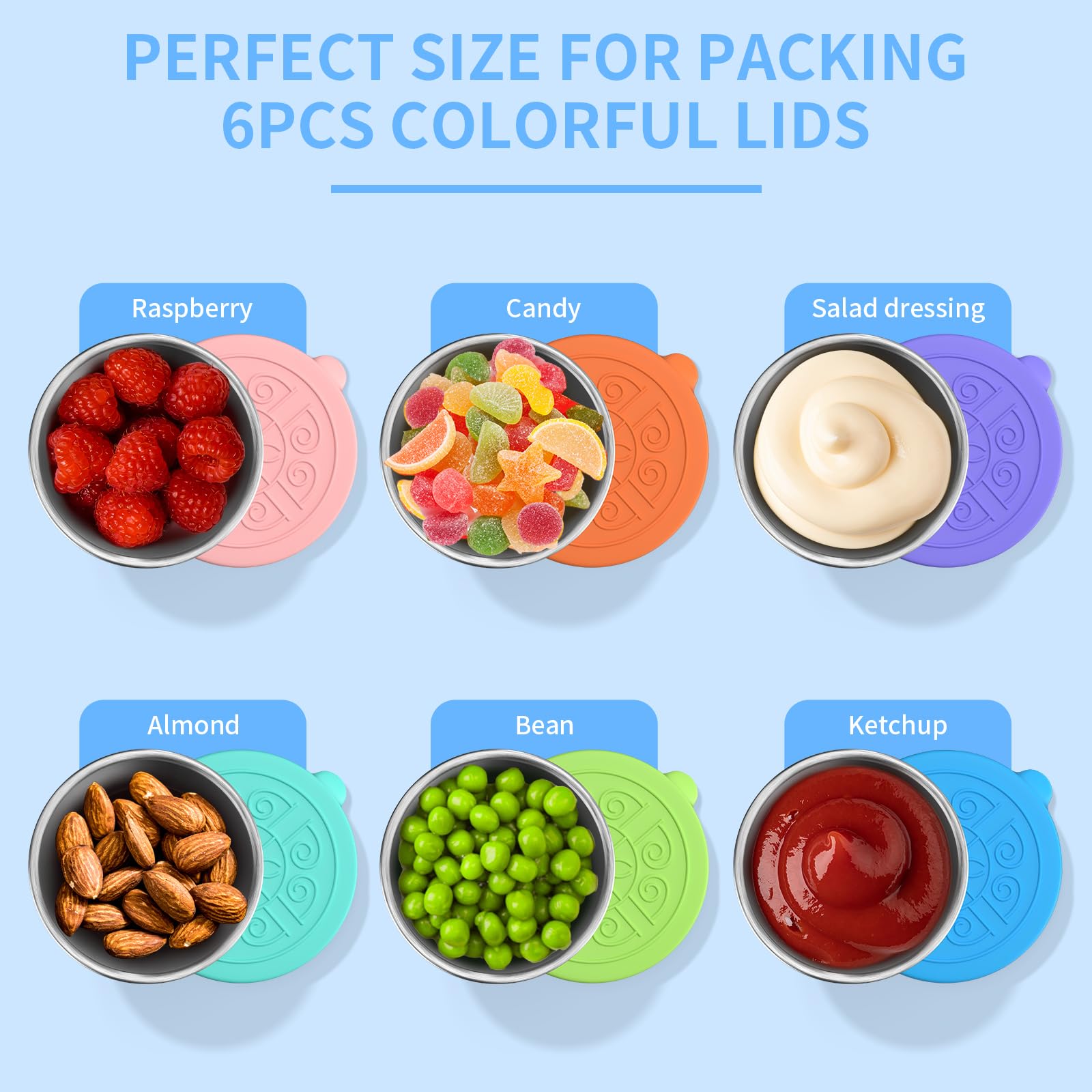 6 Pack Salad Dressing Container To Go, 1.7oz/50ml Reusable Small Condiment Containers with Lids, Leakproof Silicone Lids Stainless Steel Sauce Cups Containers for Lunch Box, Picnic and Travel