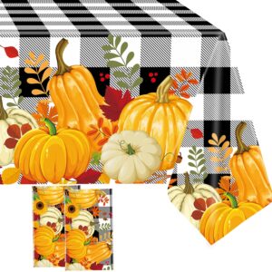 2 pieces fall plaid tablecloth plastic pumpkin table cover black white buffalo checkered tablecloth with pumpkin disposable fall table cover for dining kitchen thanksgiving autumn party, 54 x 108 inch