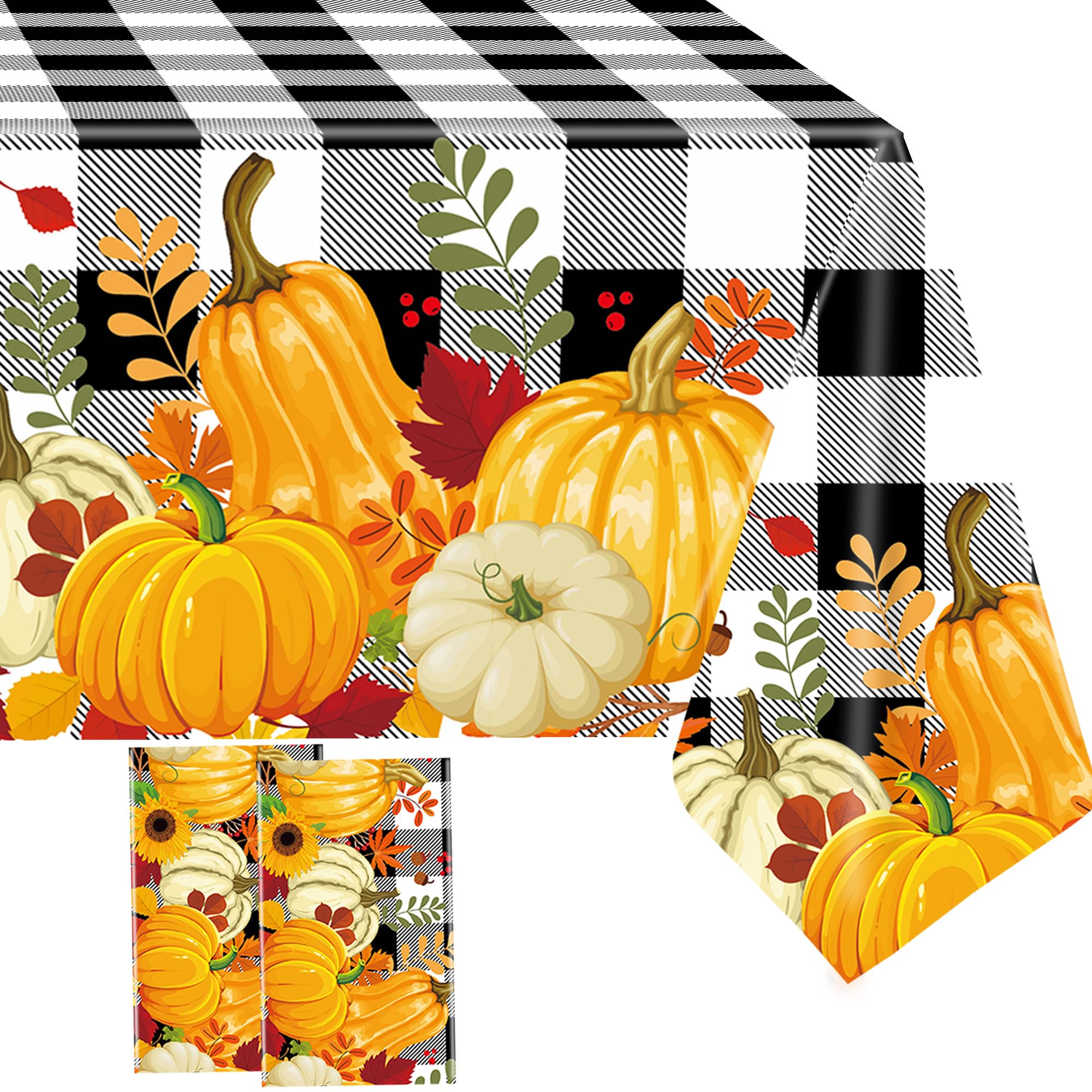 2 Pieces Fall Plaid Tablecloth Plastic Pumpkin Table Cover Black White Buffalo Checkered Tablecloth with Pumpkin Disposable Fall Table Cover for Dining Kitchen Thanksgiving Autumn Party, 54 x 108 Inch