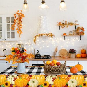 2 Pieces Fall Plaid Tablecloth Plastic Pumpkin Table Cover Black White Buffalo Checkered Tablecloth with Pumpkin Disposable Fall Table Cover for Dining Kitchen Thanksgiving Autumn Party, 54 x 108 Inch