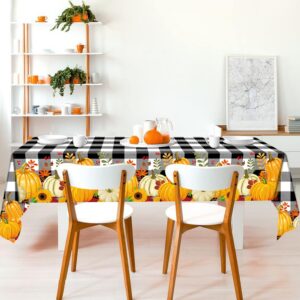 2 Pieces Fall Plaid Tablecloth Plastic Pumpkin Table Cover Black White Buffalo Checkered Tablecloth with Pumpkin Disposable Fall Table Cover for Dining Kitchen Thanksgiving Autumn Party, 54 x 108 Inch