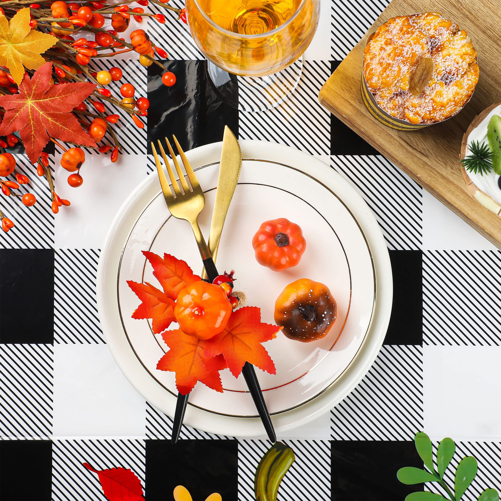 2 Pieces Fall Plaid Tablecloth Plastic Pumpkin Table Cover Black White Buffalo Checkered Tablecloth with Pumpkin Disposable Fall Table Cover for Dining Kitchen Thanksgiving Autumn Party, 54 x 108 Inch