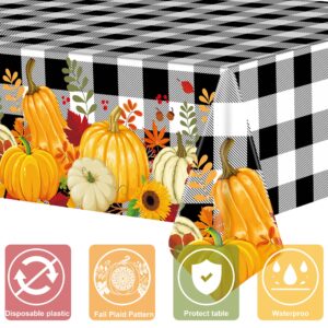 2 Pieces Fall Plaid Tablecloth Plastic Pumpkin Table Cover Black White Buffalo Checkered Tablecloth with Pumpkin Disposable Fall Table Cover for Dining Kitchen Thanksgiving Autumn Party, 54 x 108 Inch