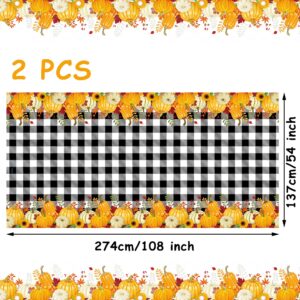 2 Pieces Fall Plaid Tablecloth Plastic Pumpkin Table Cover Black White Buffalo Checkered Tablecloth with Pumpkin Disposable Fall Table Cover for Dining Kitchen Thanksgiving Autumn Party, 54 x 108 Inch