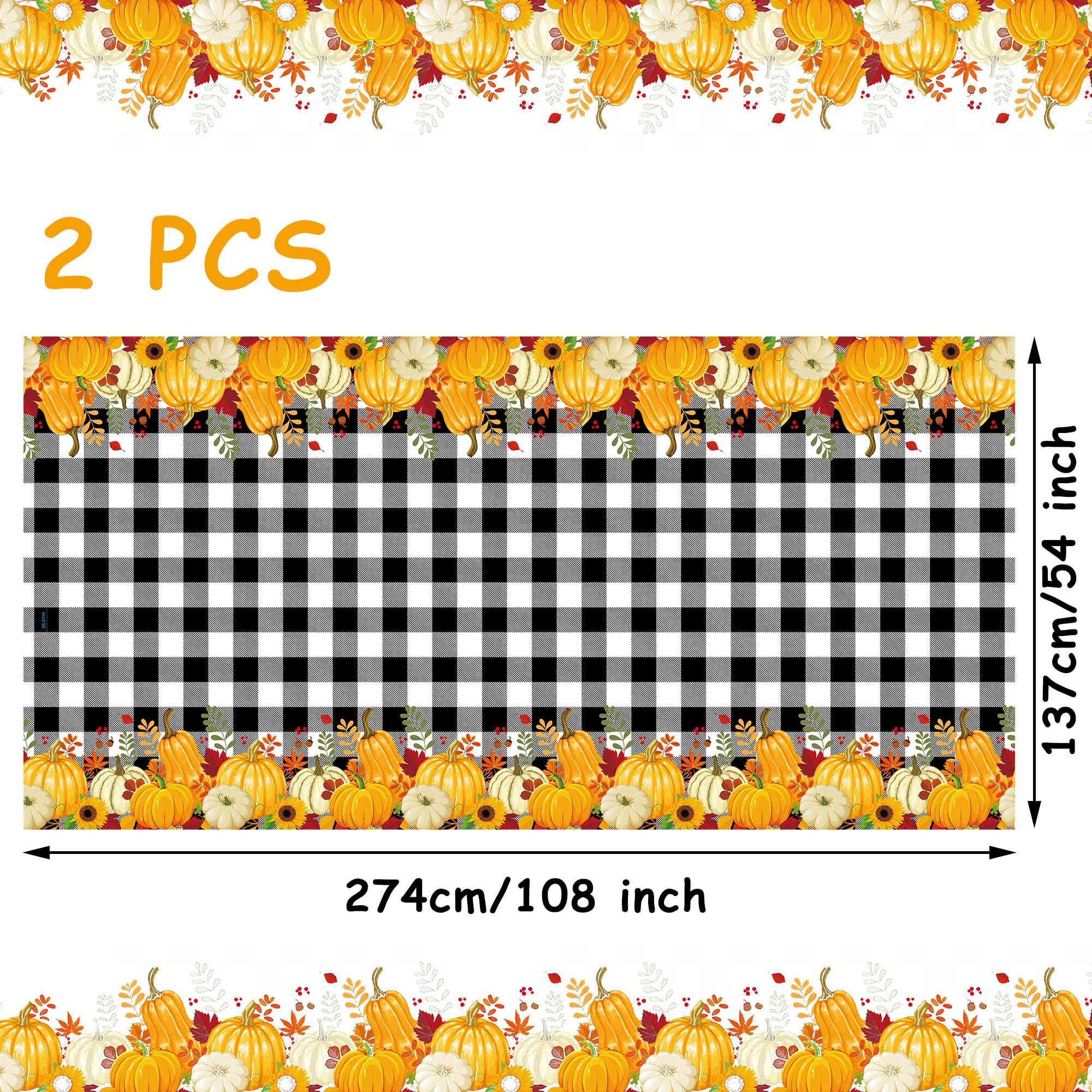 2 Pieces Fall Plaid Tablecloth Plastic Pumpkin Table Cover Black White Buffalo Checkered Tablecloth with Pumpkin Disposable Fall Table Cover for Dining Kitchen Thanksgiving Autumn Party, 54 x 108 Inch