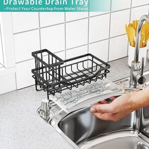 HapiRm Kitchen Sink Organizer with Drip Tray, Versatile Sponge Holder for Kitchen Sink with Detachable Brush Holder, Rustproof Stainless Steel Kitchen Sink Caddy-Black(8.66 * 4.13 * 4.92 in)