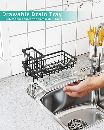 HapiRm Kitchen Sink Organizer with Drip Tray, Versatile Sponge Holder for Kitchen Sink with Detachable Brush Holder, Rustproof Stainless Steel Kitchen Sink Caddy-Black(8.66 * 4.13 * 4.92 in)