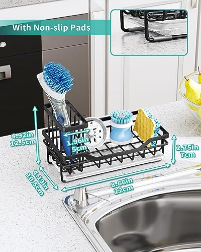 HapiRm Kitchen Sink Organizer with Drip Tray, Versatile Sponge Holder for Kitchen Sink with Detachable Brush Holder, Rustproof Stainless Steel Kitchen Sink Caddy-Black(8.66 * 4.13 * 4.92 in)