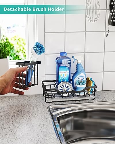 HapiRm Kitchen Sink Organizer with Drip Tray, Versatile Sponge Holder for Kitchen Sink with Detachable Brush Holder, Rustproof Stainless Steel Kitchen Sink Caddy-Black(8.66 * 4.13 * 4.92 in)