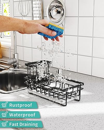 HapiRm Kitchen Sink Organizer with Drip Tray, Versatile Sponge Holder for Kitchen Sink with Detachable Brush Holder, Rustproof Stainless Steel Kitchen Sink Caddy-Black(8.66 * 4.13 * 4.92 in)