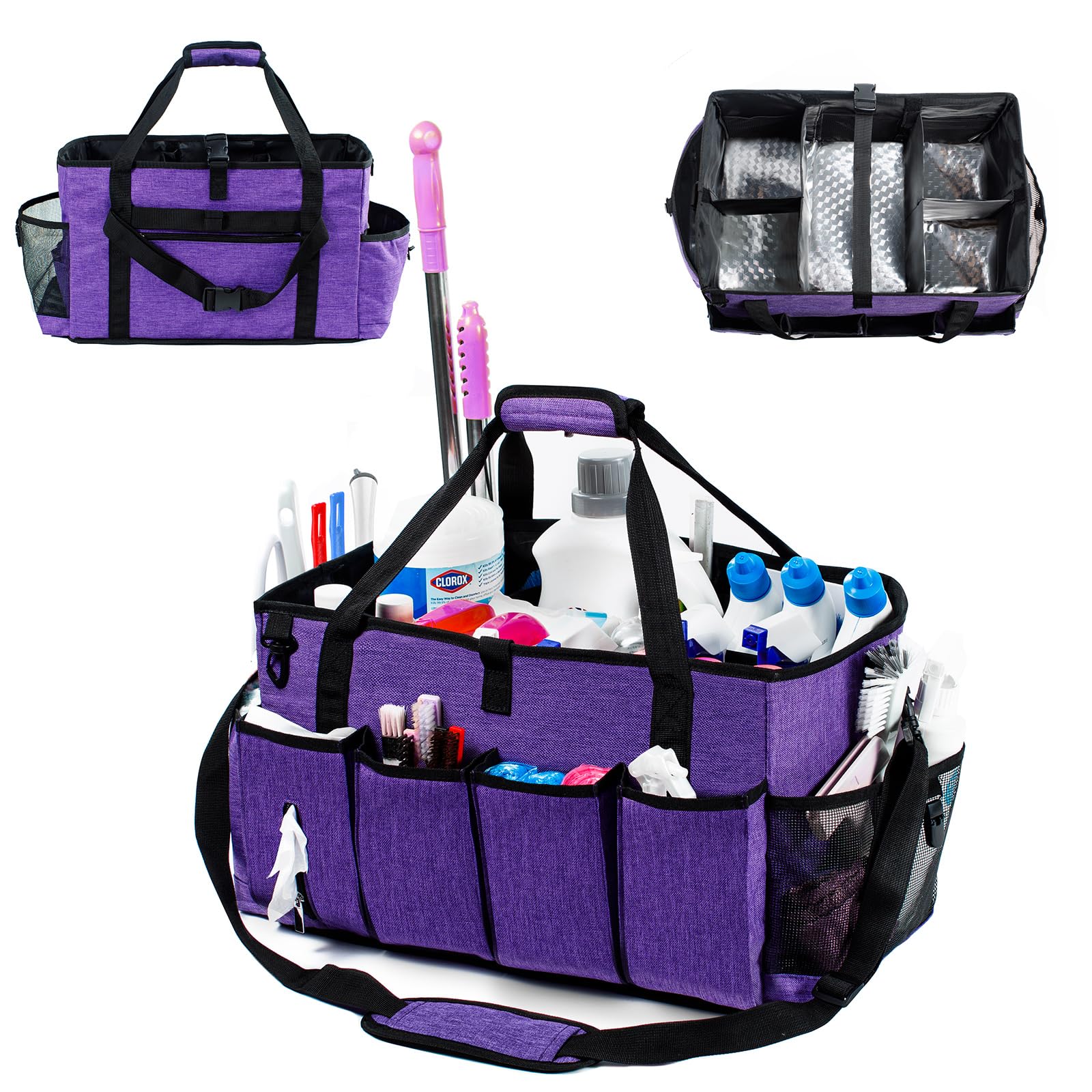 FRECOLSH XL Cleaning Caddy, Purple, Unisex, Oxford Polyester with Padding, Waterproof Interior, Adjustable 5 Compartments, Padded Carry Handle, D-Rings and Clips, 17"