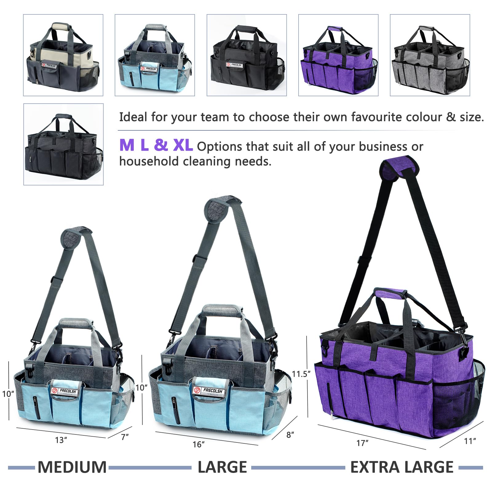 FRECOLSH XL Cleaning Caddy, Purple, Unisex, Oxford Polyester with Padding, Waterproof Interior, Adjustable 5 Compartments, Padded Carry Handle, D-Rings and Clips, 17"