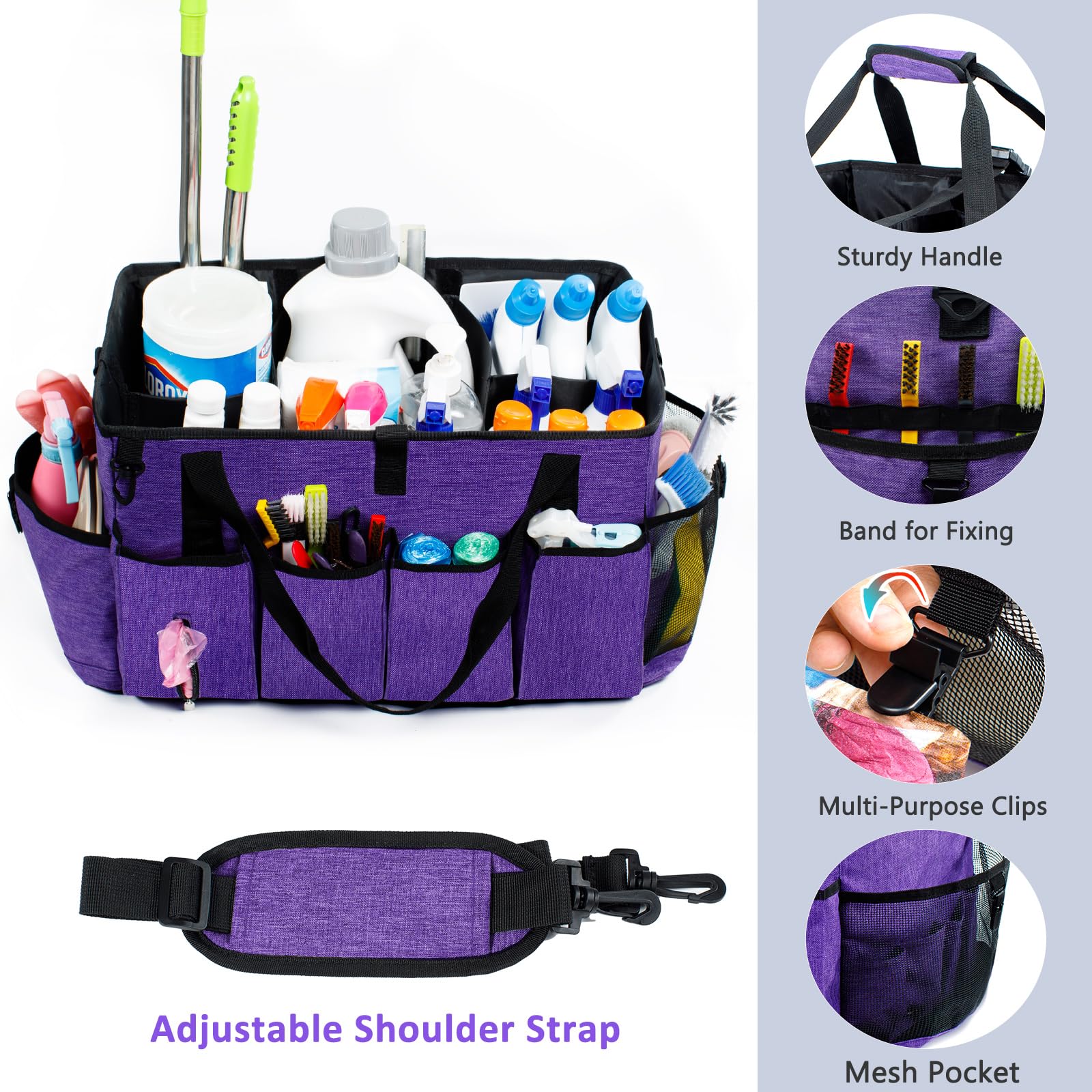 FRECOLSH XL Cleaning Caddy, Purple, Unisex, Oxford Polyester with Padding, Waterproof Interior, Adjustable 5 Compartments, Padded Carry Handle, D-Rings and Clips, 17"