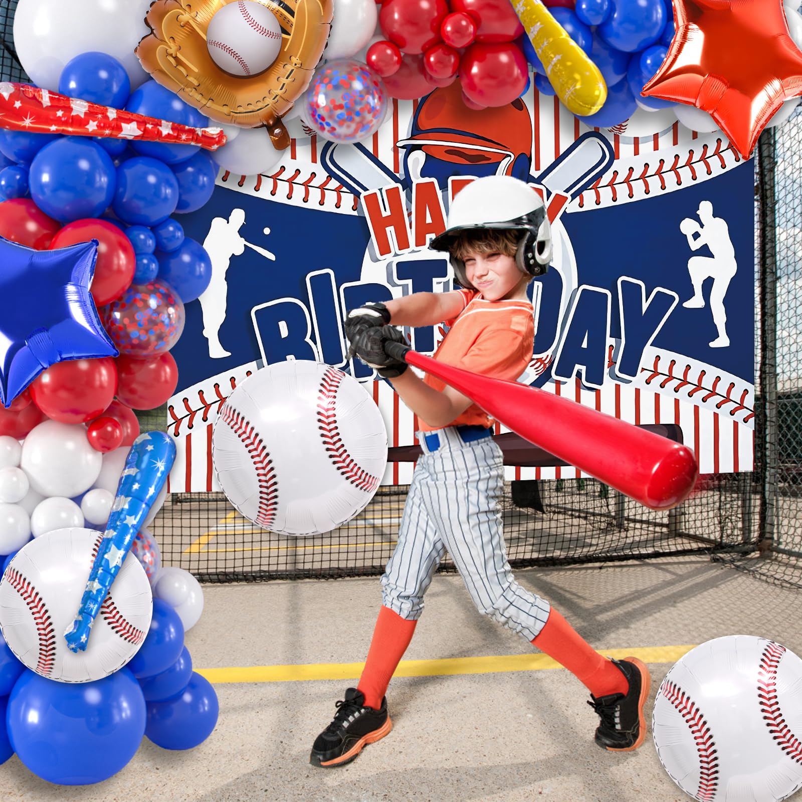 Winrayk 127Pcs Baseball Birthday Party Decorations Supplies Red White and Blue Baseball Balloon Arch Backdrop Tablecloth Star Glove Baseball Foil Balloon, Teen Kids Girls Boys Sports Party Decorations