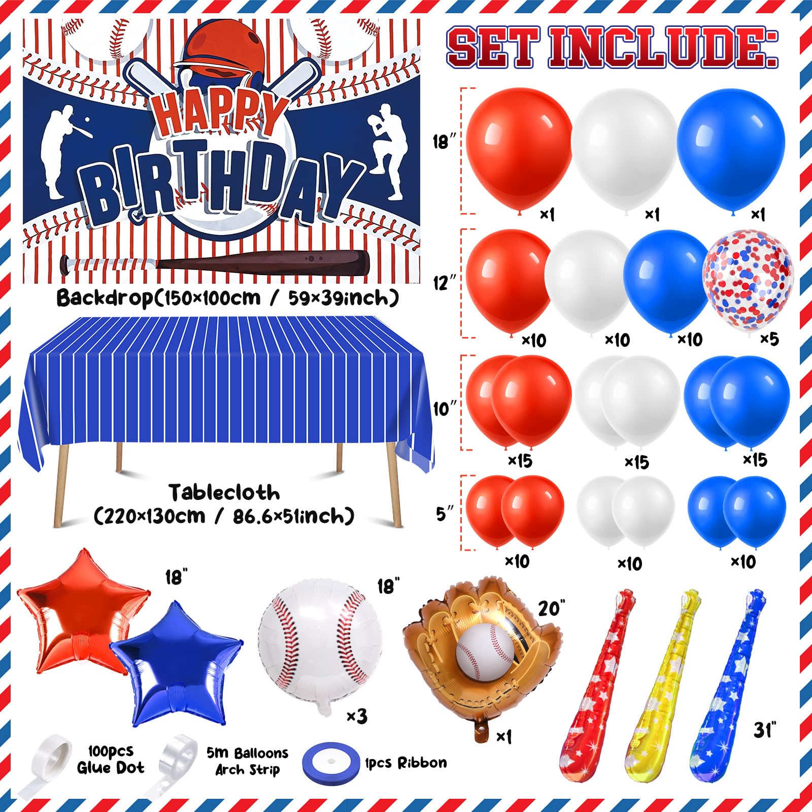 Winrayk 127Pcs Baseball Birthday Party Decorations Supplies Red White and Blue Baseball Balloon Arch Backdrop Tablecloth Star Glove Baseball Foil Balloon, Teen Kids Girls Boys Sports Party Decorations