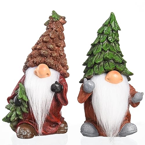 Funoasis 2PCS Resin Christmas Tree Gnomes Handmade Gnome Statues Adorable Decor for Table Shelf Fireplace Tiered Tray and Shelf Xmas Figurines