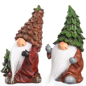 Funoasis 2PCS Resin Christmas Tree Gnomes Handmade Gnome Statues Adorable Decor for Table Shelf Fireplace Tiered Tray and Shelf Xmas Figurines