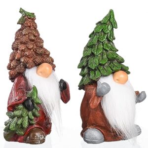 Funoasis 2PCS Resin Christmas Tree Gnomes Handmade Gnome Statues Adorable Decor for Table Shelf Fireplace Tiered Tray and Shelf Xmas Figurines