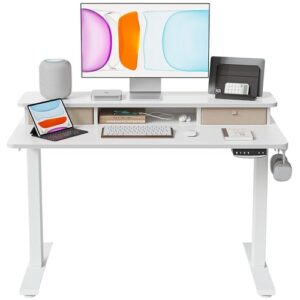 banti 40x24 inch electric standing desk with double drawers, adjustable height stand up desk, sit stand home office desk with storage shelf, white top
