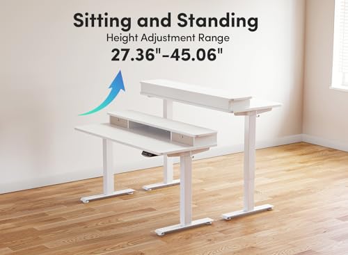 BANTI 40x24 Inch Electric Standing Desk with Double Drawers, Adjustable Height Stand Up Desk, Sit Stand Home Office Desk with Storage Shelf, White Top