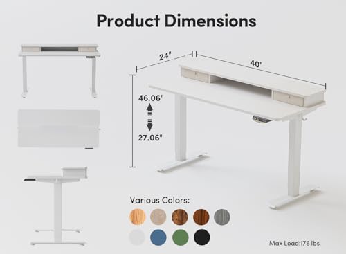 BANTI 40x24 Inch Electric Standing Desk with Double Drawers, Adjustable Height Stand Up Desk, Sit Stand Home Office Desk with Storage Shelf, White Top