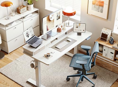 BANTI 40x24 Inch Electric Standing Desk with Double Drawers, Adjustable Height Stand Up Desk, Sit Stand Home Office Desk with Storage Shelf, White Top