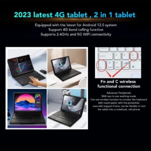 Zyyini 10.1 Inch Tablet for Android 12, 2 in 1 FHD 4G LTE Tablet with Keyboard, 6GB 256GB, Octa Core CPU, Dual Camera, Support 5G 2.4G / 5G Dual Band WiFi for Gaming Office (US Plug)