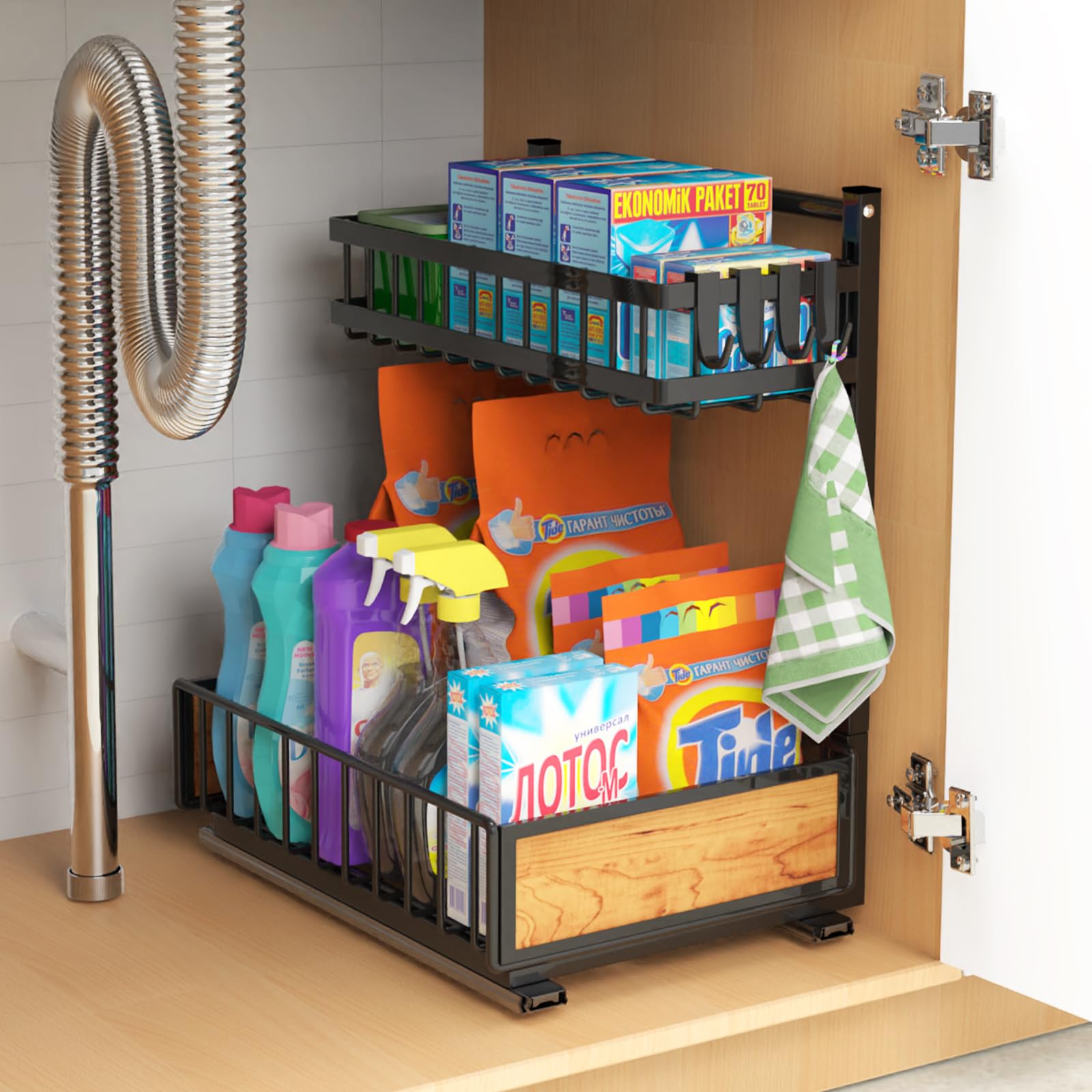 Under Sink Organizer, 2-Tier Pull Out Cabinet Organizer Under Kitchen Sink Organizer, Solid Wood Edge Beautiful-Use for Bathroom Laundry Kitchen