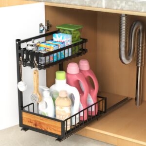 Under Sink Organizer, 2-Tier Pull Out Cabinet Organizer Under Kitchen Sink Organizer, Solid Wood Edge Beautiful-Use for Bathroom Laundry Kitchen