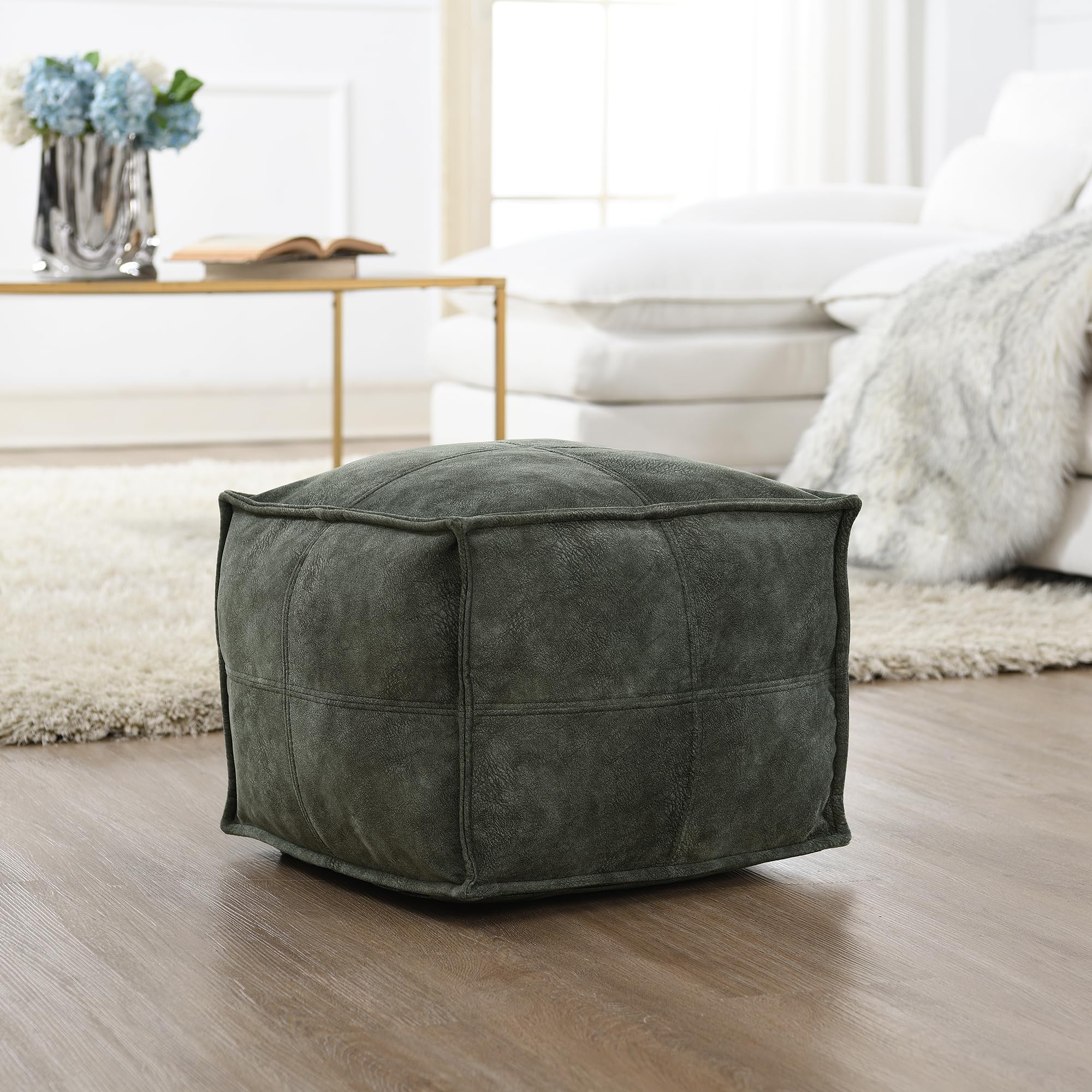 C COMFORTLAND Square Ottoman Pouf (No Filler), Faux Leather Poofs, Ottomans Foot Rest, Floor Foot Stools, Unstuffed Bean Bag Poufs Cover with Storage for Living Room, Bedroom Grey