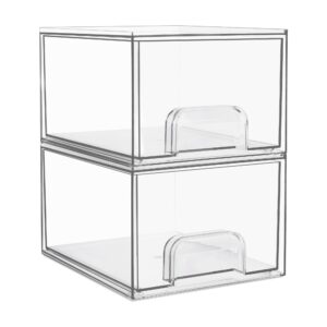 vtopmart stackable makeup organizer storage drawer, 4.4'' tall acrylic bathroom organizers，clear plastic storage bins for vanity, undersink, kitchen cabinets, pantry organization and storage